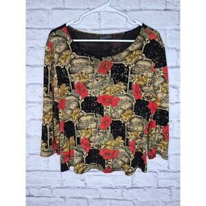 Vtg Y2K Brittany Black Floral Paisley Slinky Large Top Shimmer Whimsigoth vampy